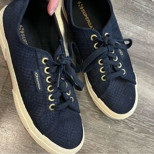 Superga Textured Blue Sneakers with Gold Eyelets